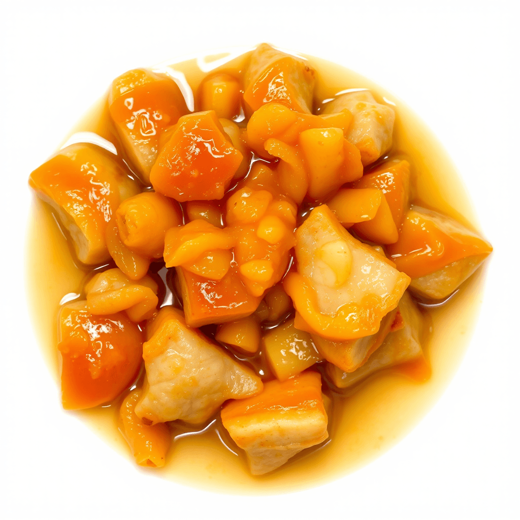 A close-up of glossy orange and yellow fruit chunks in syrup.