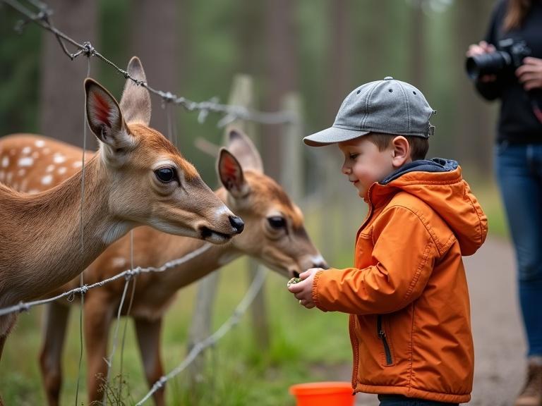 Photograph shows young boy in front of wire fence interacting with three deer. Deer have light brown fur with white spots. Boy wears orange jacket and gray cap. Background features forest with tall trees and green grass. A woman appears on the right holding a camera. An orange bucket is on the ground. Scene depicts natural light in daytime. Deer lean over fence to eat from boy's hand. Shot is close-up with shallow depth of field. Atmosphere is peaceful and curious, representing child and nature interaction.