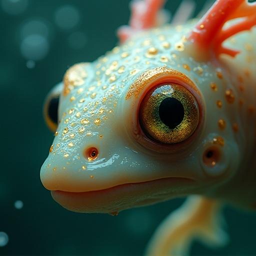 Hyperrealistic macro portrait of an alien sea dweller. Translucent skin with subsurface scattering. Intricate shimmering scales and glowing freckles. Coral-like fins and antennae. Large amphibious eyes with detailed iris. Dark moody underwater setting. Dramatic lighting effects.