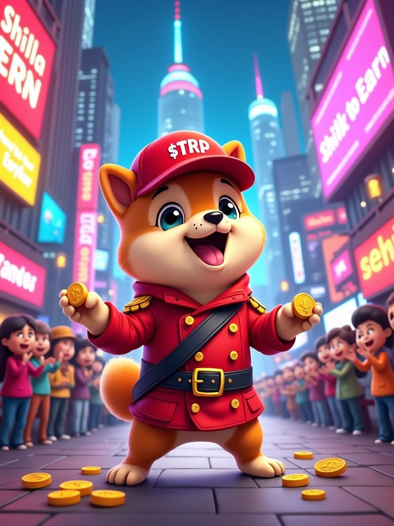 A cartoon scene features a Shiba dog in a red cap marked '$TRP' and luxurious soldier clothing. The dog stands in a futuristic city plaza. Holographic billboards display messages like 'Shill to Earn'. The dog distributes golden coins to an enthusiastic crowd. The atmosphere is vibrant and energetic, enhanced by neon lights and skyscrapers.