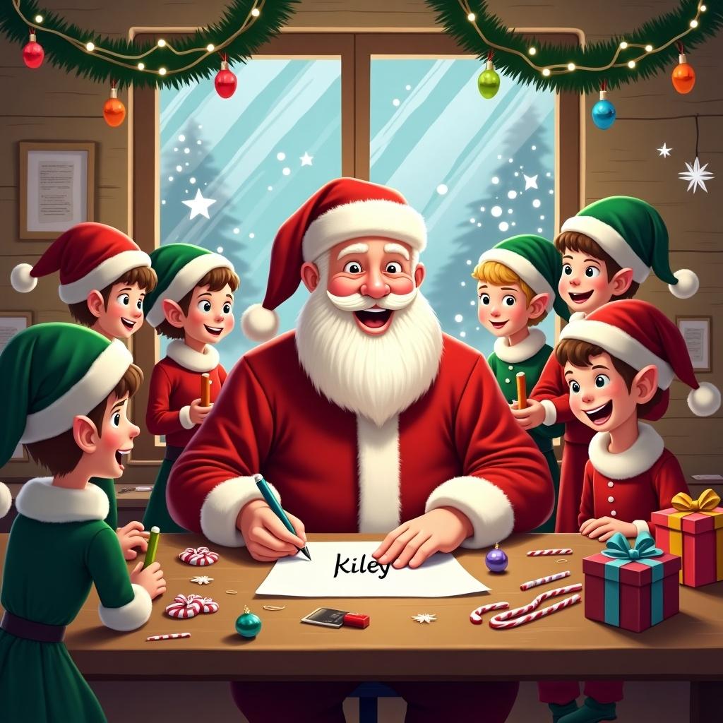 This image depicts a joyful Christmas scene inside Santa's workshop. Santa Claus is seated at a table, happily writing the name Kiley, while surrounded by cheerful elves. The elves wear green hats and red outfits, all engaged in festive activities. The room is decorated with colorful ornaments and candy canes, enhancing the holiday spirit. Brightly wrapped presents are scattered across the table, and snow can be seen falling outside the window, creating a cozy winter atmosphere. Warm lights add to the festive mood, making it feel like a magical Christmas setting.