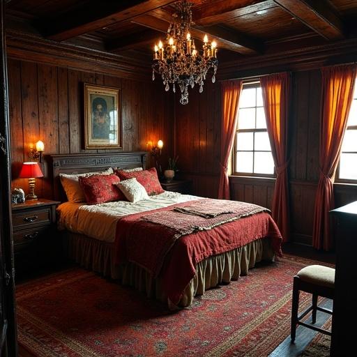 A cozy bedroom designed to resemble an interior from a pirate ship. Rich wood paneled walls with warm lighting. A large bed with intricate bedding and a vibrant red color scheme. Decorative chandelier hangs from the ceiling. A vintage feel with dark wooden furniture and rich textiles.