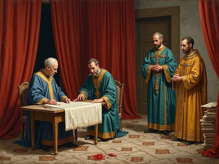 Dim Vatican chamber interior with thick velvet curtains. A scribe seals a papal decree with red wax. Two clerics in teal and saffron observe solemnly. Gold-trimmed manuscripts stacked nearby.