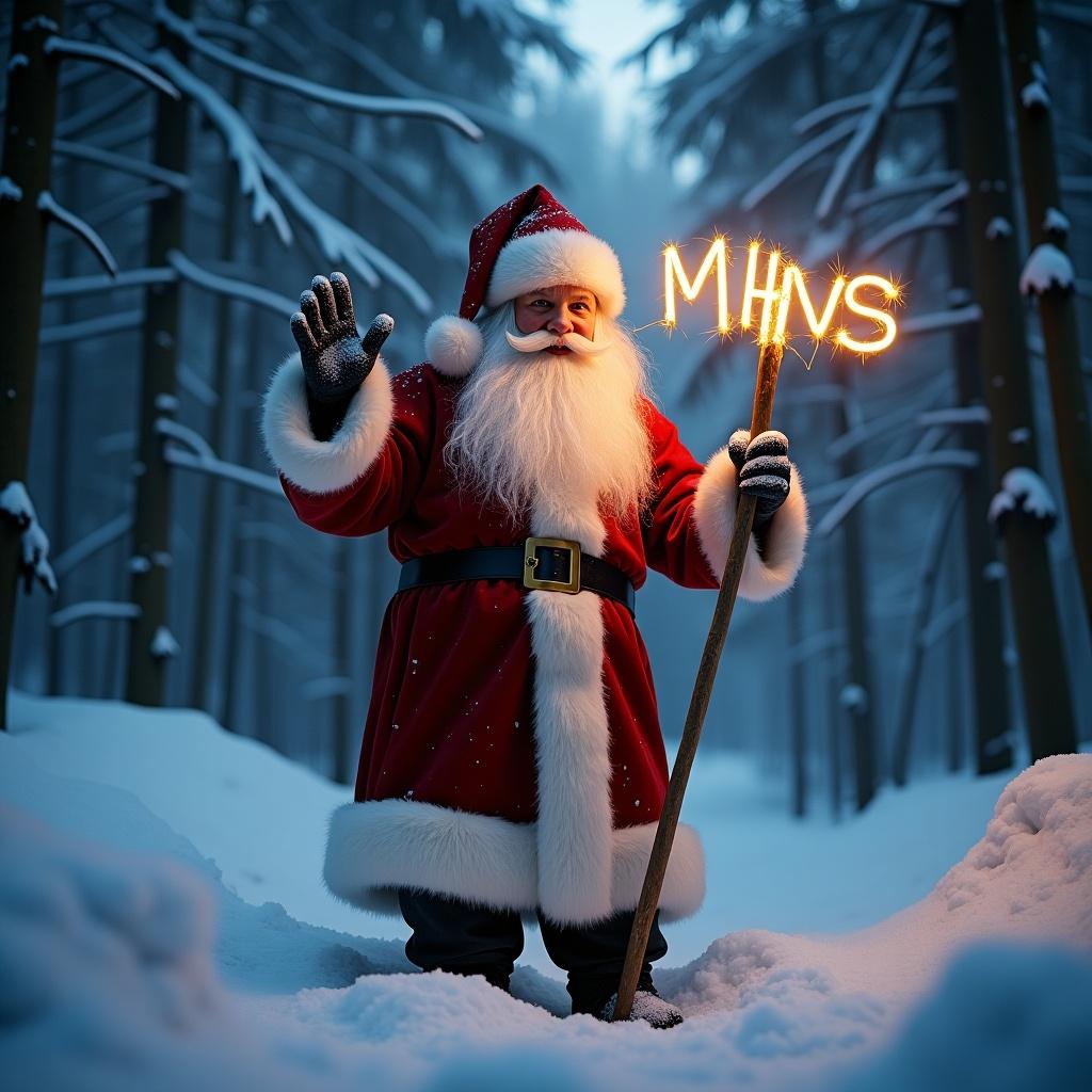 Magical Santa Claus figure stands in a snow-covered forest. The name MHnS is illuminated in lights.