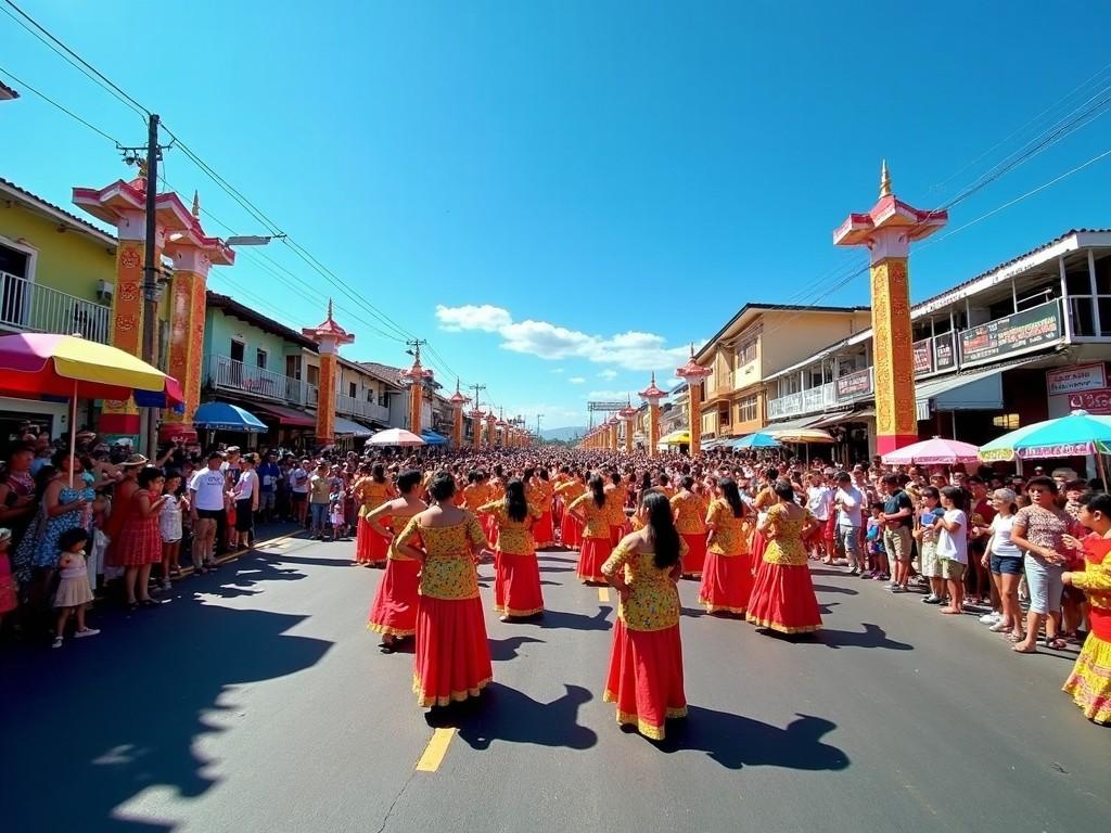 The image showcases a vibrant street scene during the Manggahan Festival. Dancers in traditional red and gold attire perform in front of a large crowd, highlighting the rich cultural heritage. Colorful decorations line the streets, enhancing the festive atmosphere. The bright, clear sky adds to the joyful vibe of the event. The streets are filled with spectators enjoying the performances and celebrating the local culture.