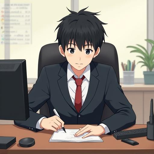 An illustration of a young man in a suit working at his desk as a psychologist. He has black hair and appears cute and aloof. The office setting has plants in the background, creating a calm atmosphere.