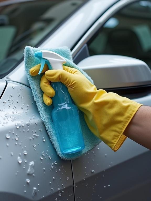 Cleaning a car using a spray bottle and microfiber cloth. Yellow gloves are worn. Water droplets are visible on the car's silver surface.