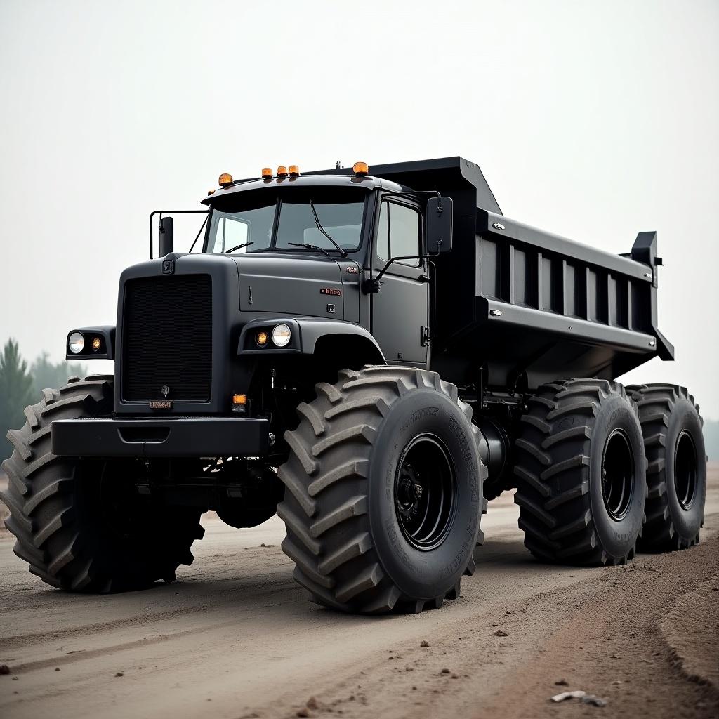 Black heavy-duty wrecker with oversized tires. Positioned in a rugged terrain. The truck has a strong, industrial design. Highlights robust features and capabilities.