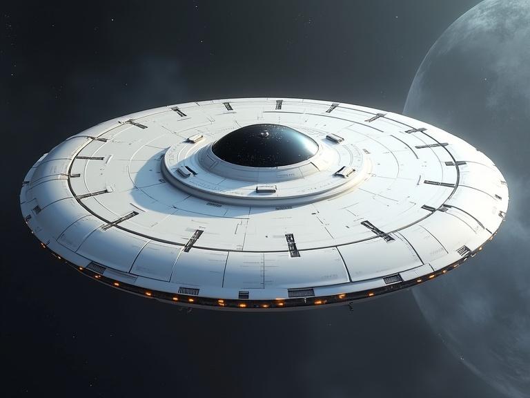 A large-scale smooth sleek white flat circular UFO in space. The UFO is about 1000 feet wide and features intricate details. A planet's atmosphere is visible in the background with shadows cast on the UFO's surface. The scene has a realistic appearance in high quality 4K.