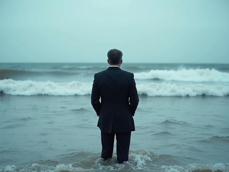 A man stands in the sea. He wears a black formal suit. The weather is rainy. The sea waves are rough. He contemplates while facing away from the scene.