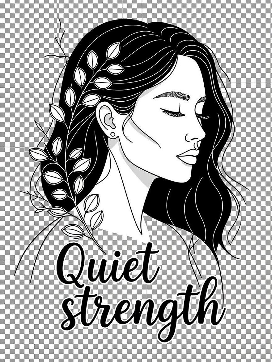 Minimalist line art of a woman's profile. Clean black lines on transparent background. Delicate botanical elements woven around her head. Below, handwritten quote 'Quiet strength' in cursive. Elegant modern serene style.