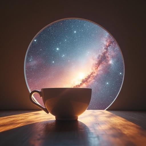 Teacup melting into a galaxy portal. Floating in a minimalist Japanese tea room. Soft lighting creates a warm atmosphere.