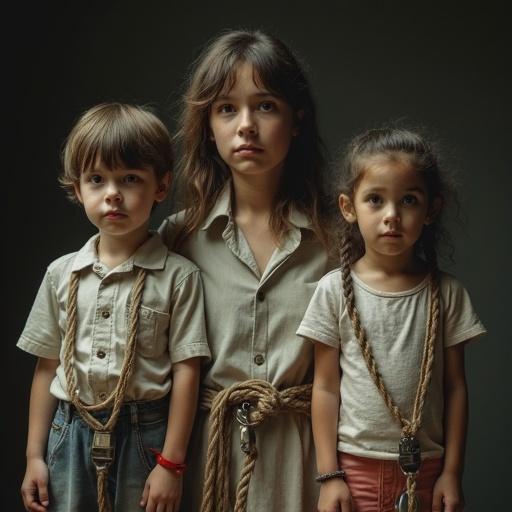 A mother and her two young children face a harrowing scene. They are constrained by ropes. The children have toys in their mouths. The atmosphere is tense and foreboding.