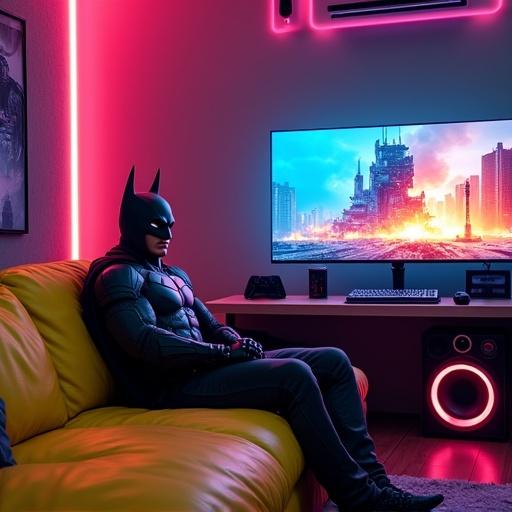 Batman relaxing on neon yellow couch in a cyberpunk gaming room. Playing PlayStation 5. Futuristic setting. Background shows a war zone. High-tech gadgets and RGB lighting throughout the room.
