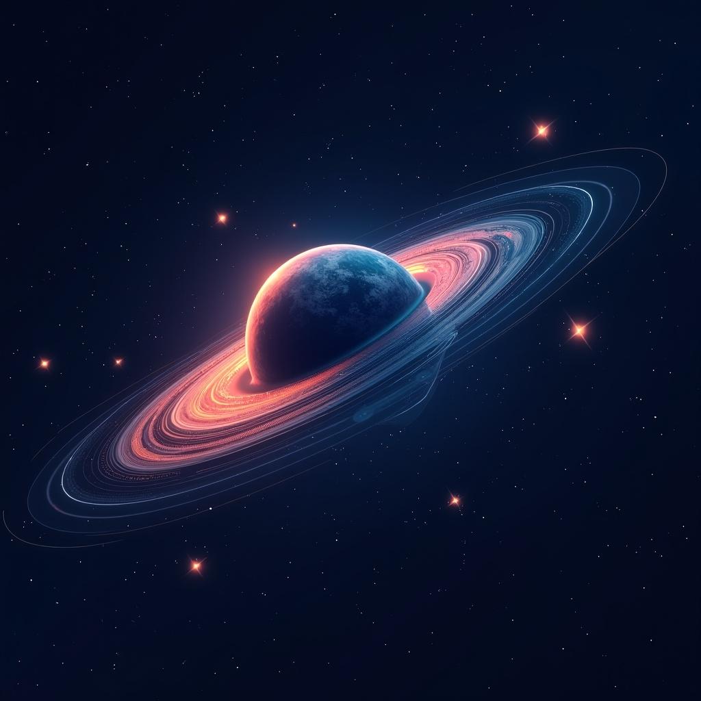 The image depicts a mesmerizing planet encircled by vibrant rings, set against a backdrop of deep space filled with stars. The planet displays a bluish hue, while the rings radiate with an radiant glow of pink and orange. The lighting creates an ethereal atmosphere, emphasizing the cosmic nature of the scene. This visual captures the beauty and intrigue of outer space, making it ideal for technology and gaming applications. The overall composition invites viewers into a fantasy of the galaxy and beyond.