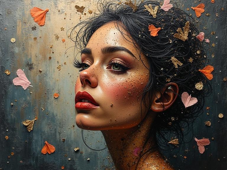 A stunning portrait of a woman with makeup. Textured materials like glitter, flowers, and origami surround her. Dark colors evoke magic and evoke emotions. Detailed mixed media artwork with depth.