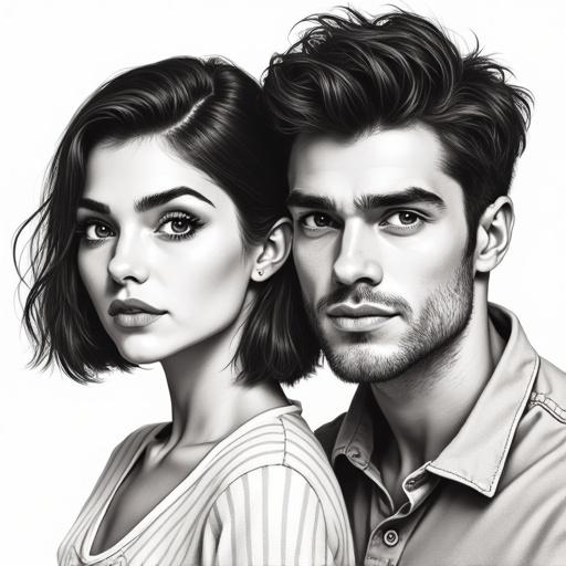 Drawing of a woman with short brown hair and brown eyes alongside two men with dark hair.