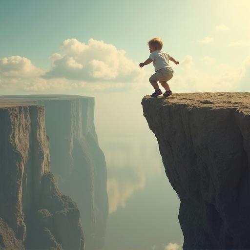 Create a surreal image with a small boy climbing an impossible cliff. Mood is happy and inspiring.