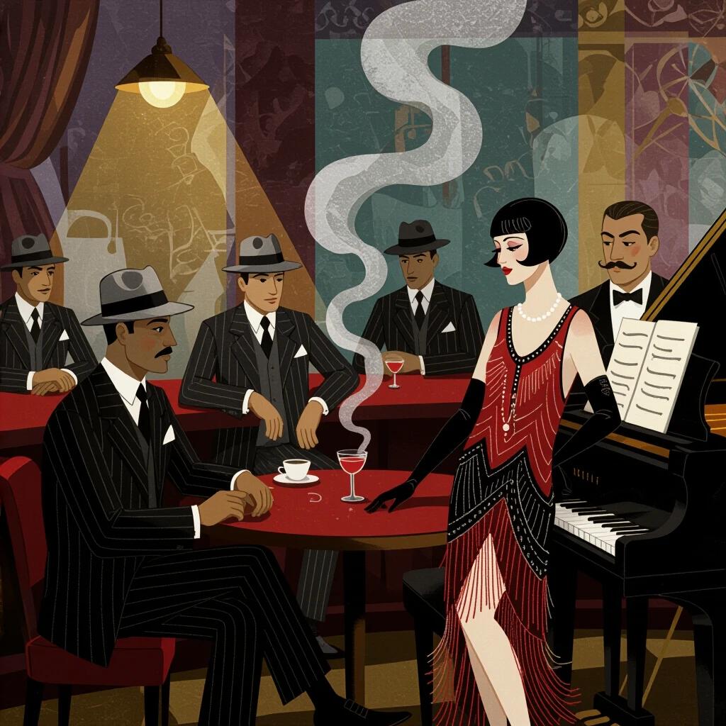 Atmosphere of a 1920s speakeasy bar. Mobsters in striped suits are engaged in conversation. A beautiful flapper with short hair observes. A black pianist in a white undershirt plays at the piano. The artwork has an Art Deco style with abstract elements and complementary colors. Fine details create an engaging visual narrative.