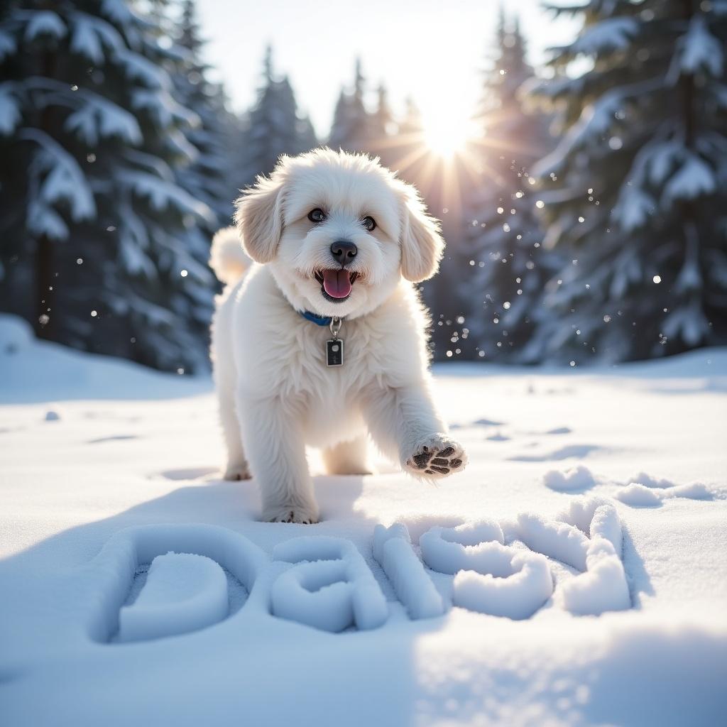 White Cockapoo dog plays in the snow with the name Daisy written in it. Bright sunlight shines through trees in the background.