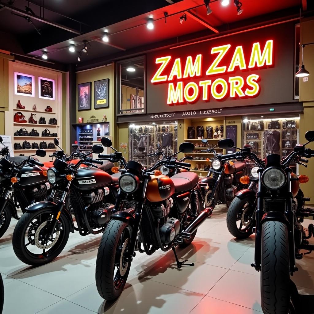 Showroom displays various motorcycles under bright lights. Signage reads Zam Zam Motors. Motorcycle shop features a modern design with arranged bikes.