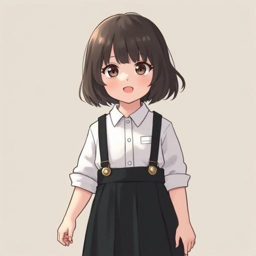 A toddler girl wearing a black suspender skirt and a white shirt. The outfit is simple yet stylish. The toddler stands straight with a neutral expression.