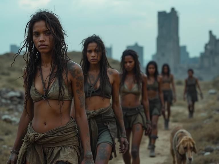 Highly detailed and photorealistic group of young women as wasteland huntresses. They have underfed physiques and tangled hair with dreadlocks. Skin is smeared with dirt and mud camouflaging. Tribal tattoos visible across their bodies. Expressions are cold and wary. Wearing self-made clothing from scavenged materials. Surrounded by hunting satchels and a stray dog. Background features a post-apocalyptic city under an overcast sky. Captured with soft natural light in a cinematic style.