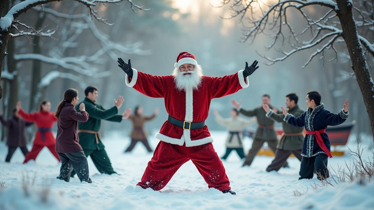 Cinematic image shows Santa Claus with arms open. Diverse individuals practice Tai Chi in various styles. Snowy woods are visible. A sleigh with reindeer is parked nearby. Wide shot features Santa and joyful participants in different Tai Chi postures.