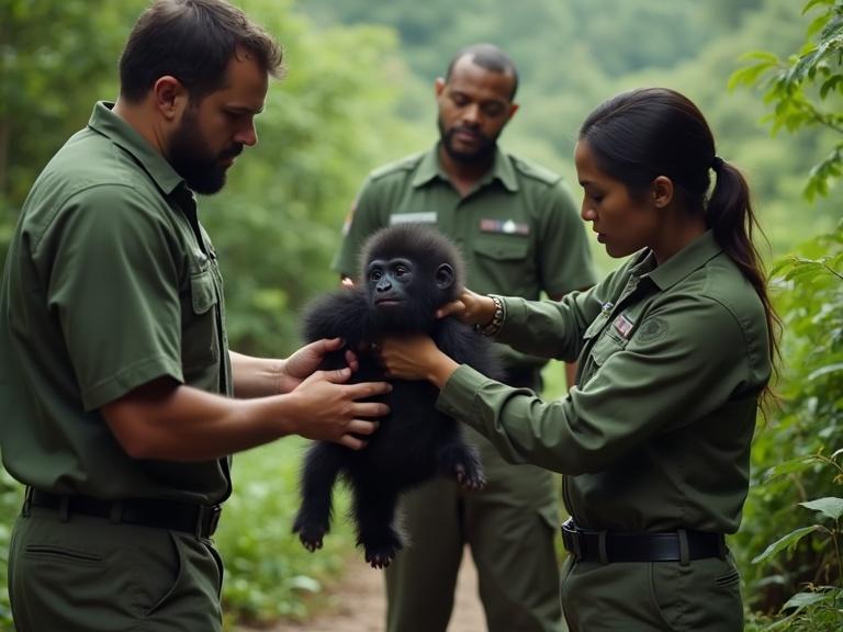 Team of rangers gently rescuing a baby gorilla from the forest with jungle background in documentary style.