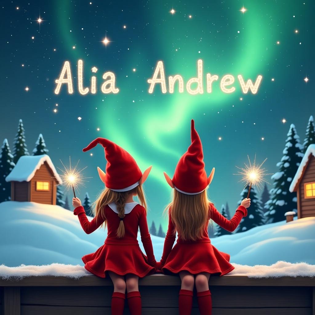 Two elves sit on a ledge looking at a magical sky. They wear red outfits and pointed hats. Each holds a sparkling wand. The background shows snow, small houses, and evergreen trees with Northern Lights. The scene reflects childhood magic and Christmas cheer. The elves write the names 'Alia' and 'Andrew' in the sky.