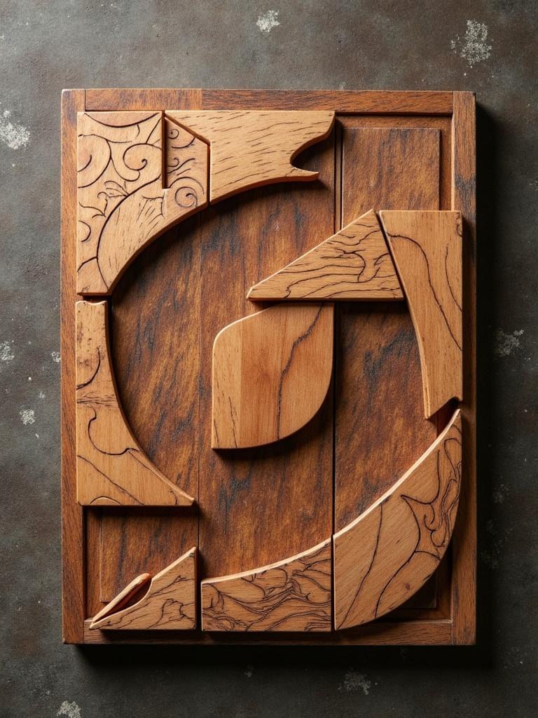 Tangram puzzle made from exotic wood. Displayed on a textured surface. Represents Asian aesthetic with detailed patterns. Captured from a topdown view to showcase layout.