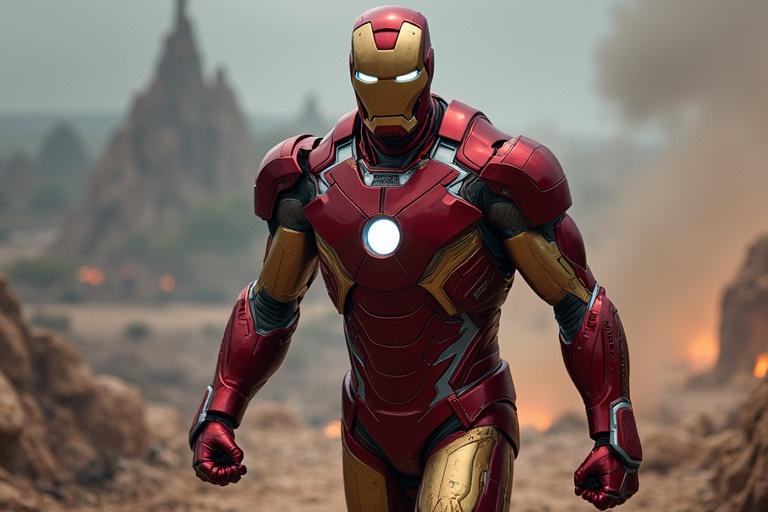 Iron Man in a battle-ready pose in front of a smoky background with rocky terrain.