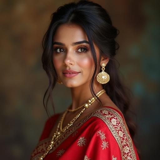 Portrait of a woman in a red saree with exquisite embroidery. She has a radiant smile and is adorned with jewelry, presenting a harmonious blend of elegance and cultural beauty.