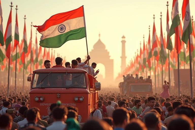A lively rally depicting Atmanirbhar Bharat with vibrant crowds and Indian flags under bright daylight. DRDO technology showcased. Ultra-HD visuals capturing the essence of self-reliance.