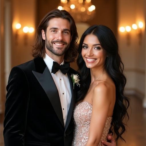 A couple poses together in a luxurious wedding hall. The man has long straight brown hair and wears a black wedding tuxedo. The woman has long wavy black hair and wears a rose gold wedding gown. Both have happy expressions and are looking at the camera. The background features elegant lighting and decorations.