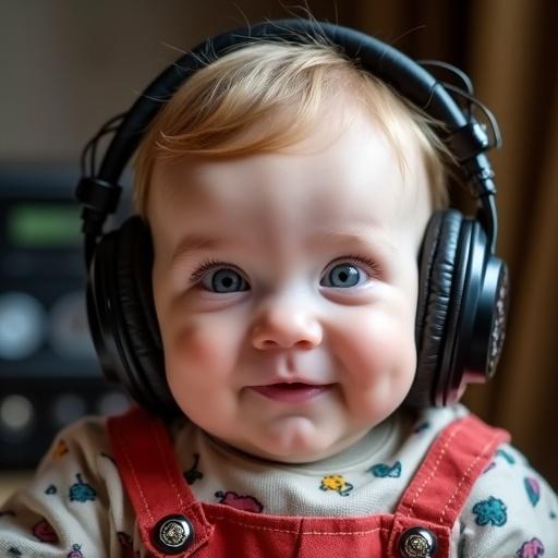 Close-up of a cute white European baby with chubby cheeks and a gentle smile. Baby wears colorful classic European-style clothes and large black headphones in a bright music studio background.
