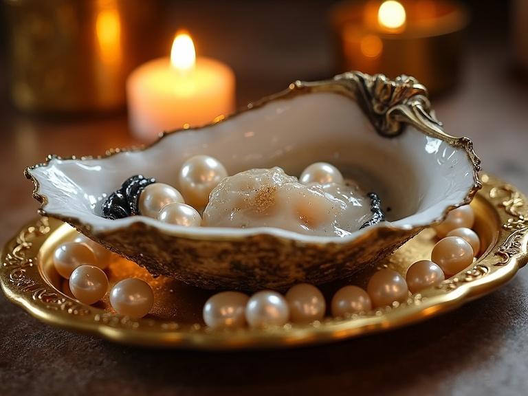 Baroque-style oyster on a golden platter. Overflowing with iridescent pearls. Soft candlelight ambiance. Rococo fantasy atmosphere.