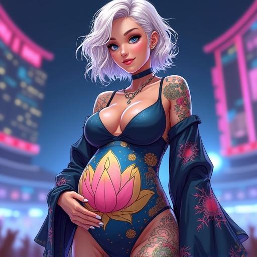 Futuristic anime woman with frosted blue eyes and short light blonde hair. She wears a punk rock printed maternity bodysuit featuring a golden lotus. Showcasing colorful traditional tattoos, standing on stage in a luxurious concert arena at night. Being an A-list celebrity, she sings with a classy look.