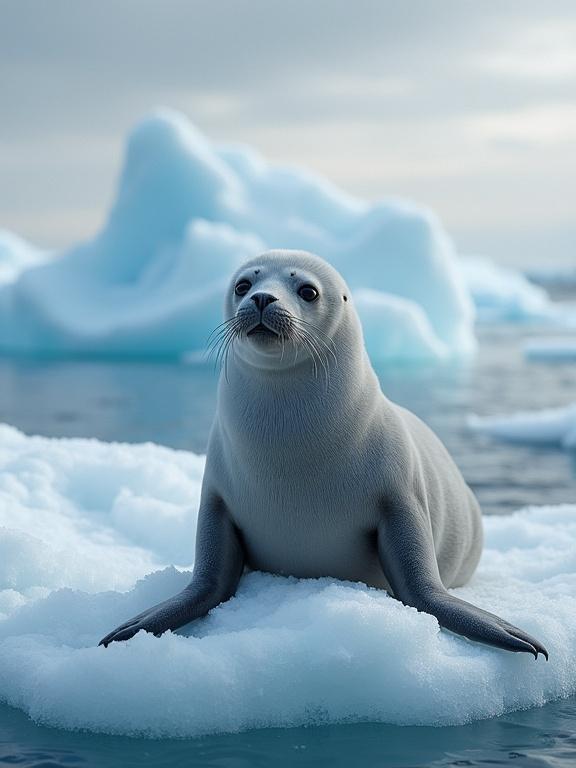 Seal on a piece of ice in the Arctic North. The background features icebergs and a cloudy sky. The seal appears alert and curious.