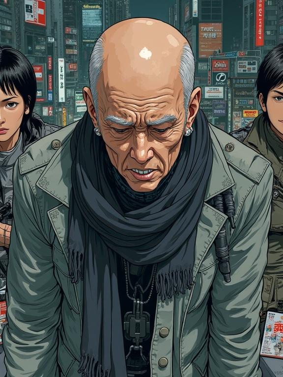 Bald man with serious expression surrounded by characters in futuristic city. Sci-fi theme with a cyberpunk aesthetic. High detail illustrations. Japanese art style.