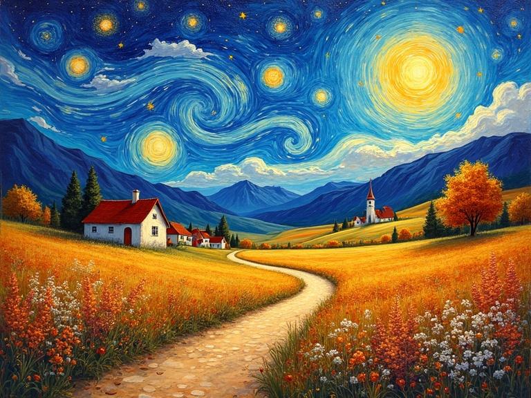 A dreamy impressionist countryside landscape painted in a swirling vibrant style. A golden path leads through wildflowers and autumn trees to a quaint village with a church. The sky is alive with swirling stars and glowing suns in radiant colors, blending with mountains. The scene evokes peace and nostalgia with thick brushstrokes.