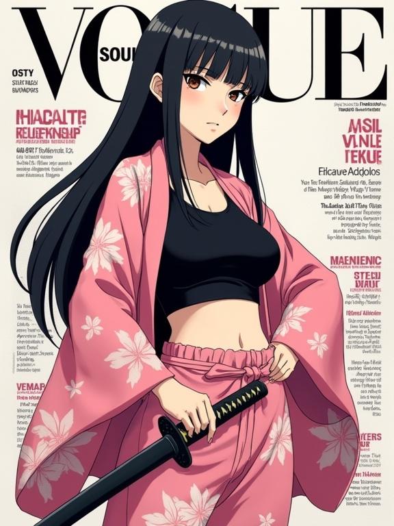 Anime character inspired by Shunsui Kyōraku. Female version wearing a pink flower kimono open over a black crop top. Long black hair is straight, sleek face with calculating expression, hazel eyes. Holding a sheathed katana at her hip. Background mimics VOGUE magazine style, includes subtitle 'SOUL SOCIETY'. Cinematic lighting, knee-up shot from a slight angle.