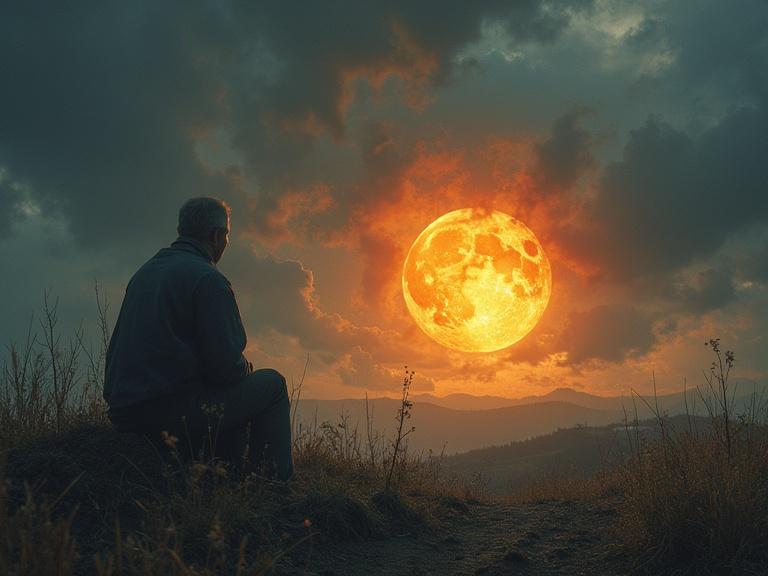 A man sitting on a hilltop looking at a large glowing moon-like sun. Cloudy sky with dramatic lighting. The scene evokes feelings of solitude and introspection.