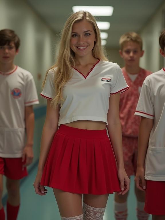 Nurse dressed in a crop top and red mini pleated skirt. Beautiful blonde face smiling. Surrounded by male kids. Wearing lace thigh high socks.