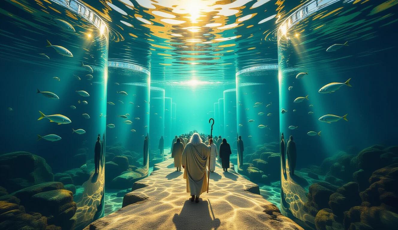 A dry path formed between two translucent water columns filled with visible fish. Golden light illuminates the path center. Moses leads the group with a staff. People enter behind him. The perspective is from rear to front in a vertical format.