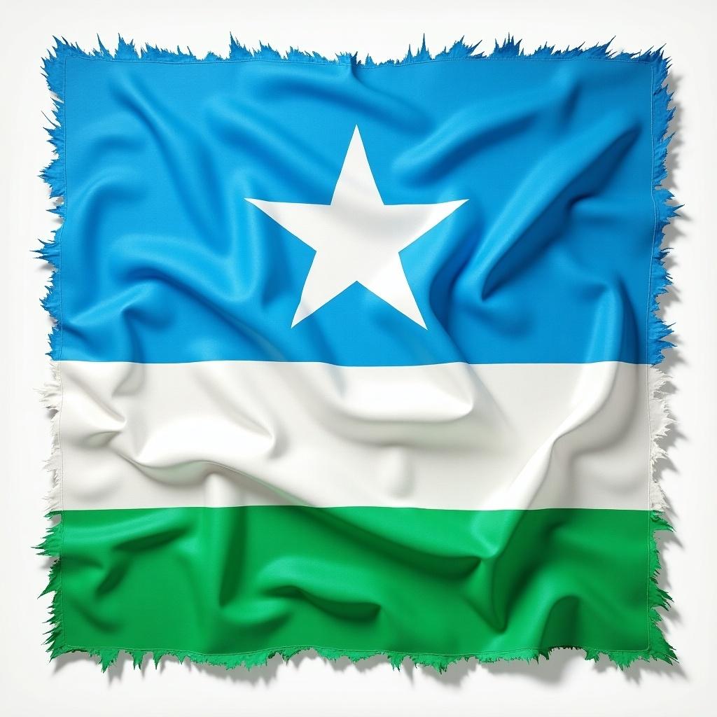 Image shows the Puntland flag. Flag has blue background with a white star in the center. Middle section is white and the bottom section is green. Flag appears wrinkled.