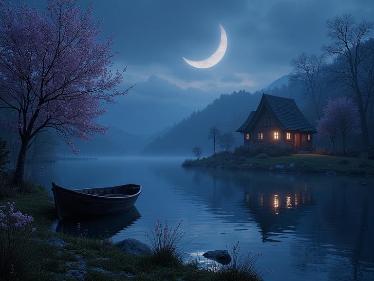 Hyper-realistic digital artwork depicting a serene night sky with a crescent moon illuminating a tranquil scene. A cozy cabin nestles by a lake surrounded by a lush garden and an old, derelict boat. Scene set in Switzerland during springtime with vibrant colors. Captures beauty and tranquility in detail.