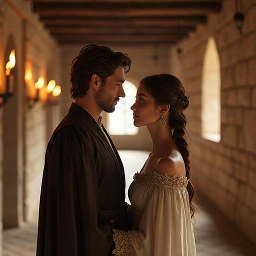 A medieval castle corridor illuminated by torchlight and sunlight. A woman with a slim waist and elegant bust wears a modest gown. A man in noble attire stands close to her. The corridor has stone walls and wooden beams. The mood conveys soft tension and intimacy. The colors are soft and warm. Details include textures and a semi-realistic rendering.