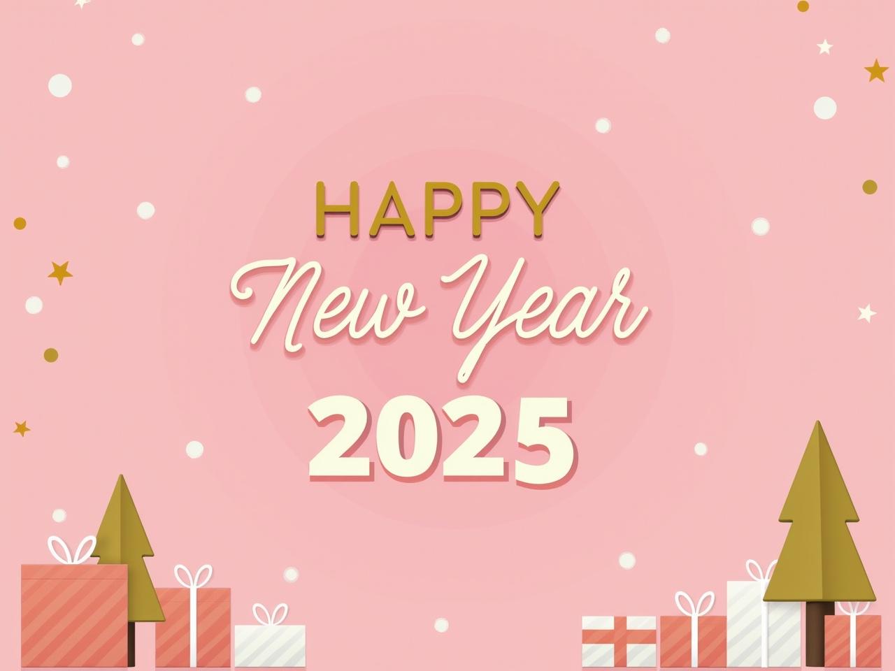 The image has a festive design for celebrating the New Year 2025. It features a pink background that adds a cheerful tone. There are stylized decorations such as geometric shapes resembling trees and gift boxes. The text reads 'HAPPY NEW YEAR 2025' in a combination of cursive and bold font, emphasizing the holiday spirit. The overall aesthetic is modern and colorful, with hints of gold to suggest celebration. It conveys a sense of joy and a fresh start for the upcoming year.