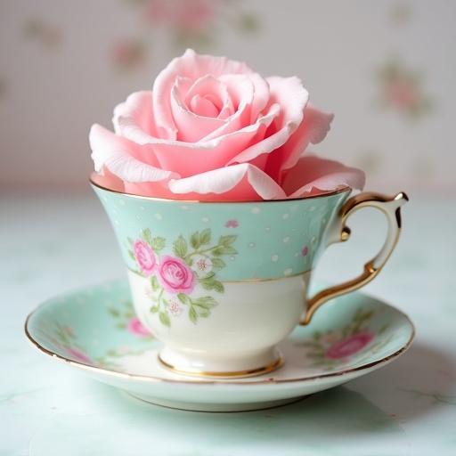 Teacup and saucer with polka dots and roseprint. Light pink rose head atop teacup. Soft colors compose the image.